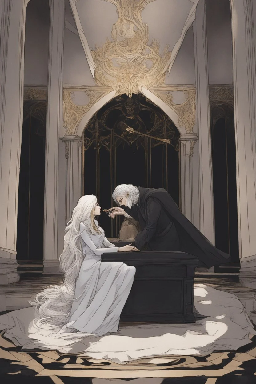 Toomb of the vampire Count Strahd Von Zarovich. Grand room, stone and marble, dark, black coffin made of polished ebony wood and brass. No windows. Perspective close to the coffin. Strahd leaning back on the coffin, being kissed by a woman with long white hair.