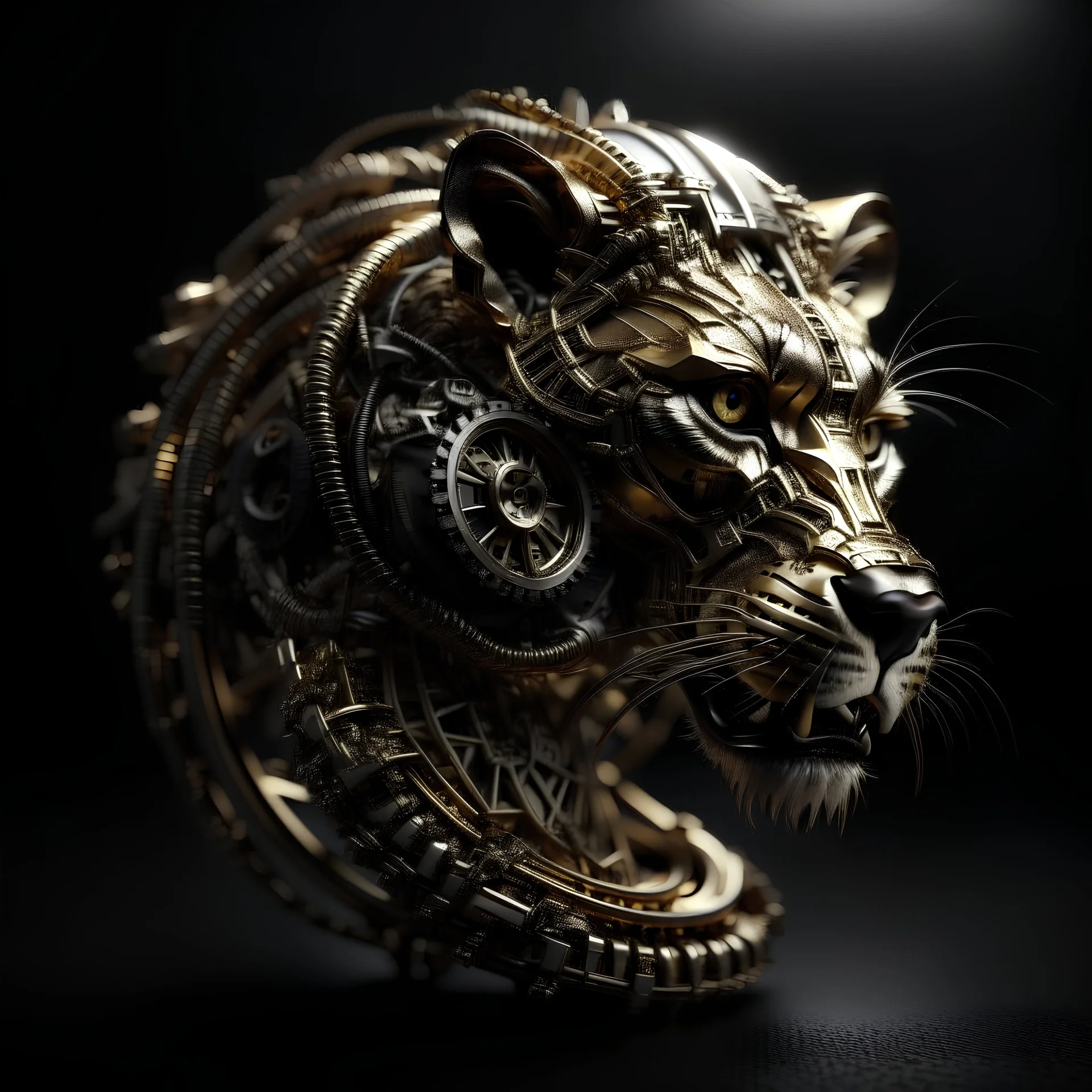 realistic high polygons 3d render of mechanical gold and diamonds exoskeleton design(ancient Lion head) of a carbon fiber with gears, fancy design of a watch, cybernetic body, lots of loose wires, bones, glowing runes on body, very long tail, depth of field, horror movie shot, very dark theme, (dramatic side lighting), looking at the camera, fitting the frame without cutting the head, 4K, sharp, MAXIMUM DETAILS, ULTRA HIGH DETAILS, MAXIMUM RESOLUTION, full