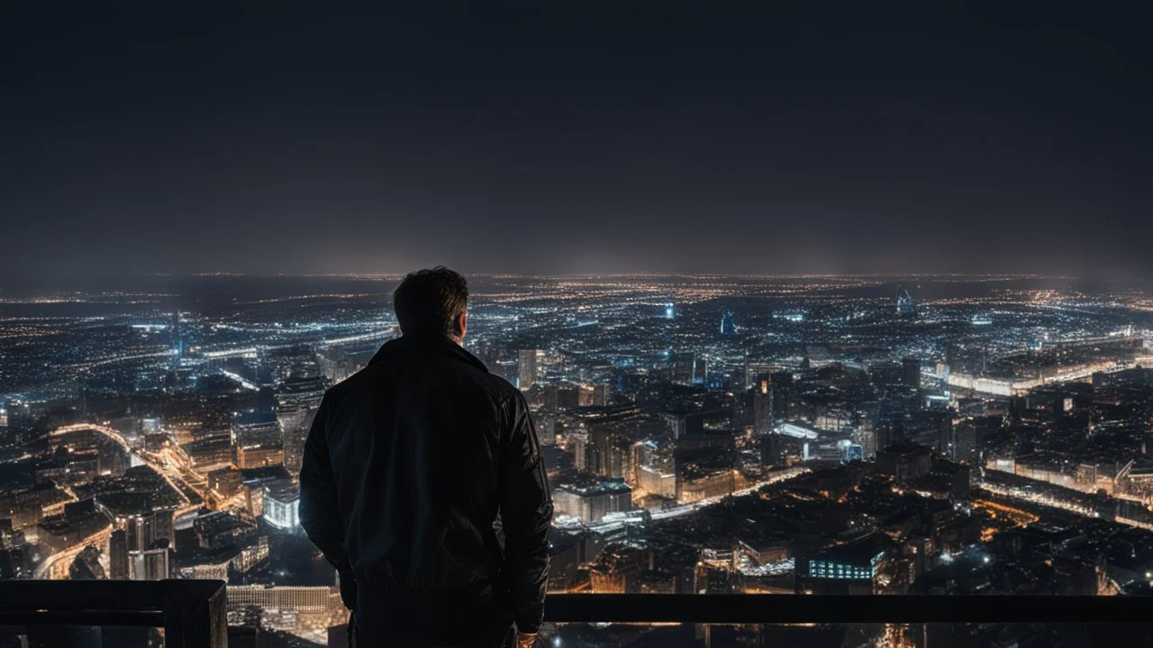 An Englishman in a bomber jacket standing at the top of a tall building looking across a city at night