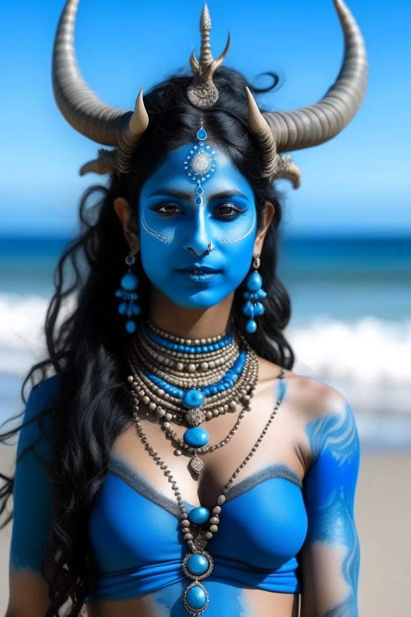 A photo of a blue skin Hindu goddess with painted blue skin, wavy black hair deer antlers standing on a sunny beach