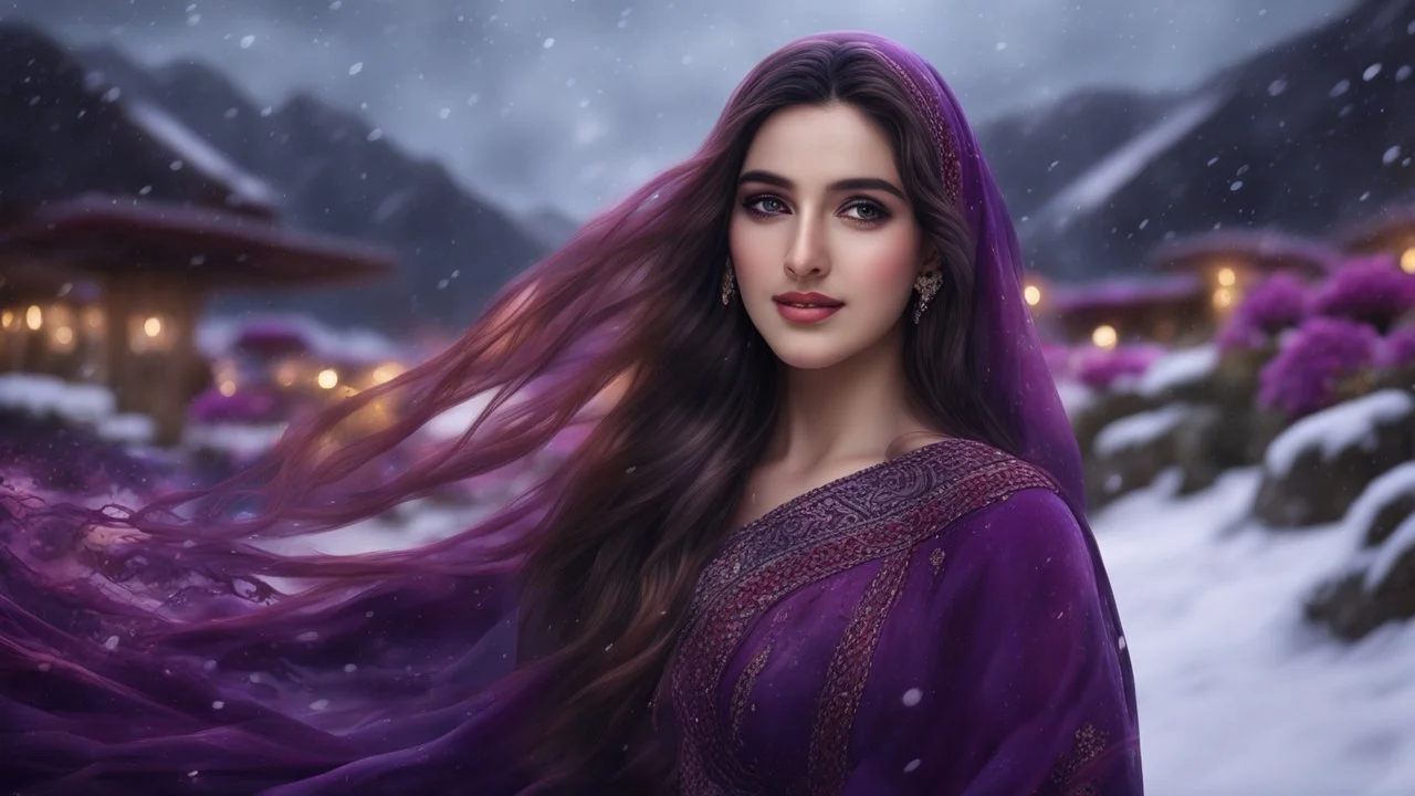 Hyper Realistic close-up-view of a Gorgeous-Happy-Young-Pashto-Women-with-beautiful-eyes & her-long-hair-whirling wearing purple-dress & black-shawl-with-maroon-embroidery on mountains-with-flower-garden at heavy-snowfall night withy dramatic & cinematic ambiance