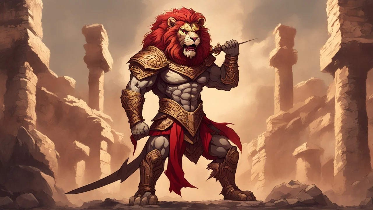 A muscular anthropomorphic lion with red eyes, wielding a bow, wearing armor, standing in a battle-ready pose with ancient ruins in the background