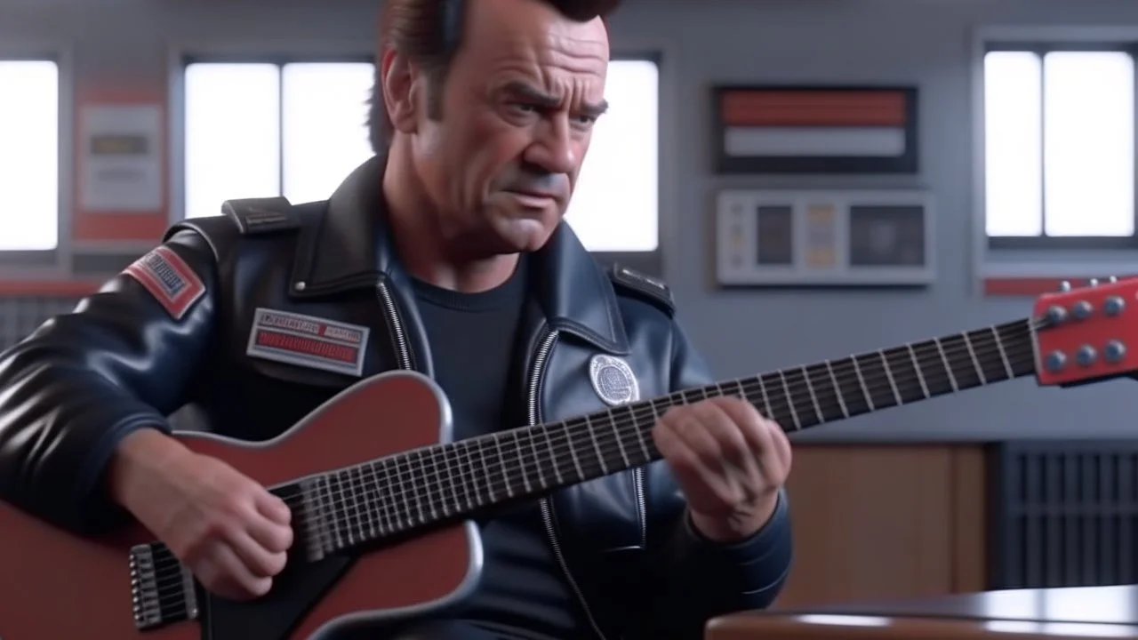 4k realistic full détails. Logo émission radio. Terminator playing guitar with acdc in a school uniform