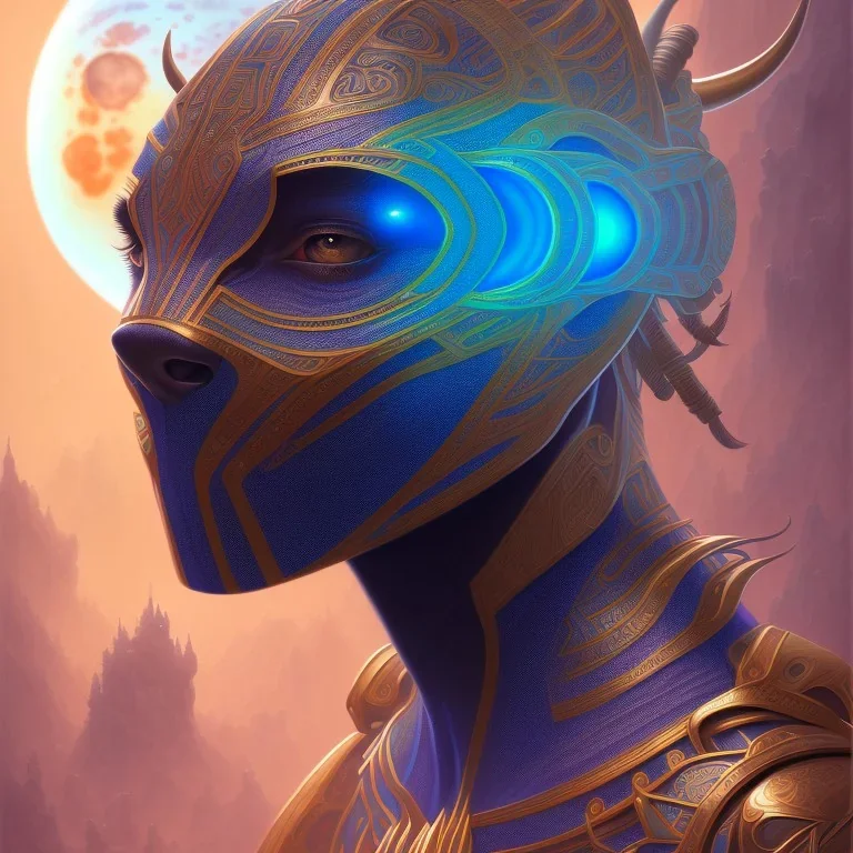 sango fantasy, fantasy magic, intricate, sharp focus, illustration, highly detailed, digital painting, concept art, matte, artgerm and paul lewin and kehinde wiley, masterpiece Asian black panther Mayan pyramid blue space lady space blood moon galaxy