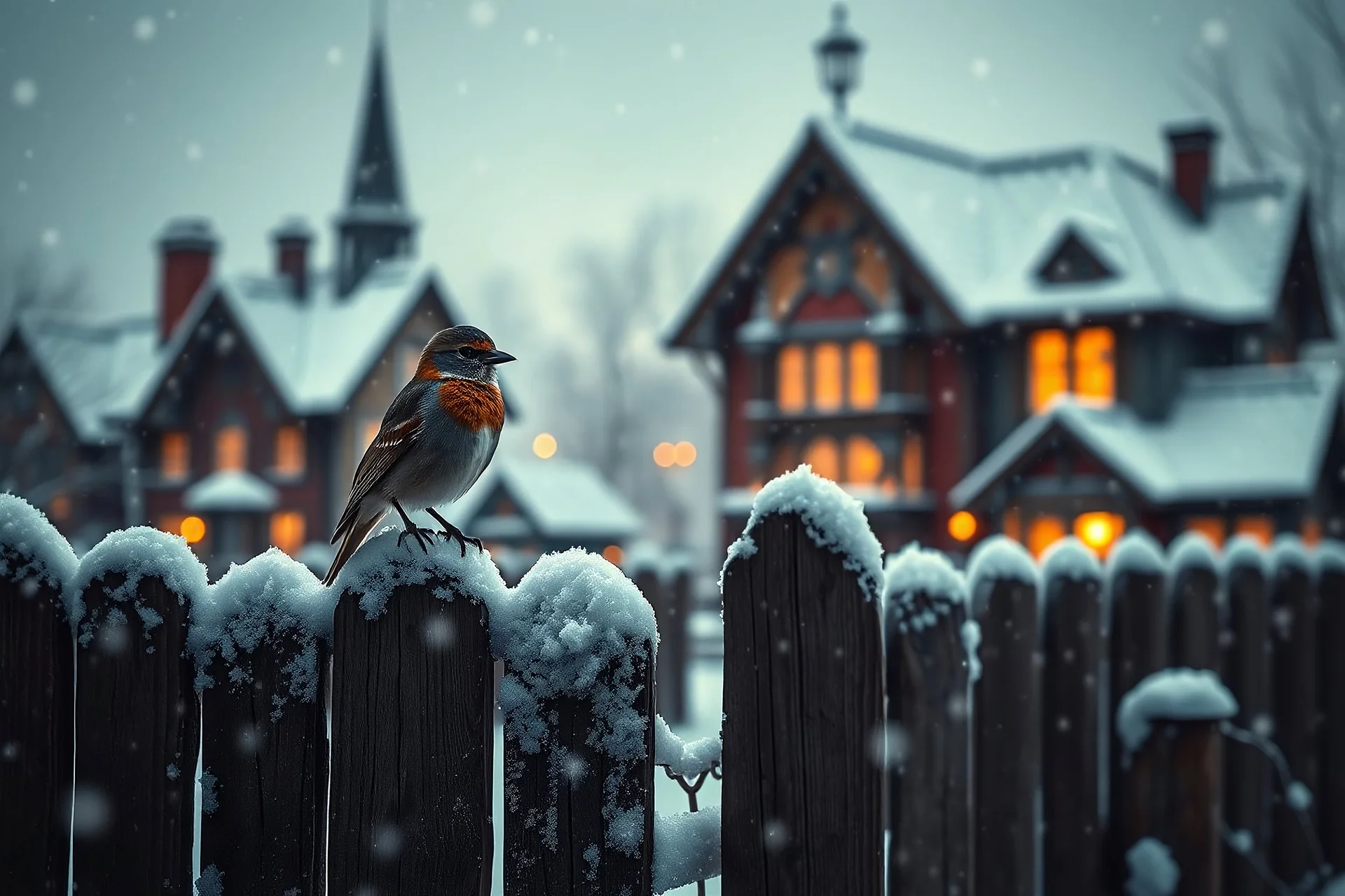 minimalism, fantasy funny winter Christmas, heavy snow snowing, deep rich dark warm colors, magic lighting, minimalism, beautiful, fantastical, magical background, shimmering,encaustic colors, beautiful snowy vintage Victorian houses village, closeup of a beautiful bird sitting on old snowy broken fence, minimalism