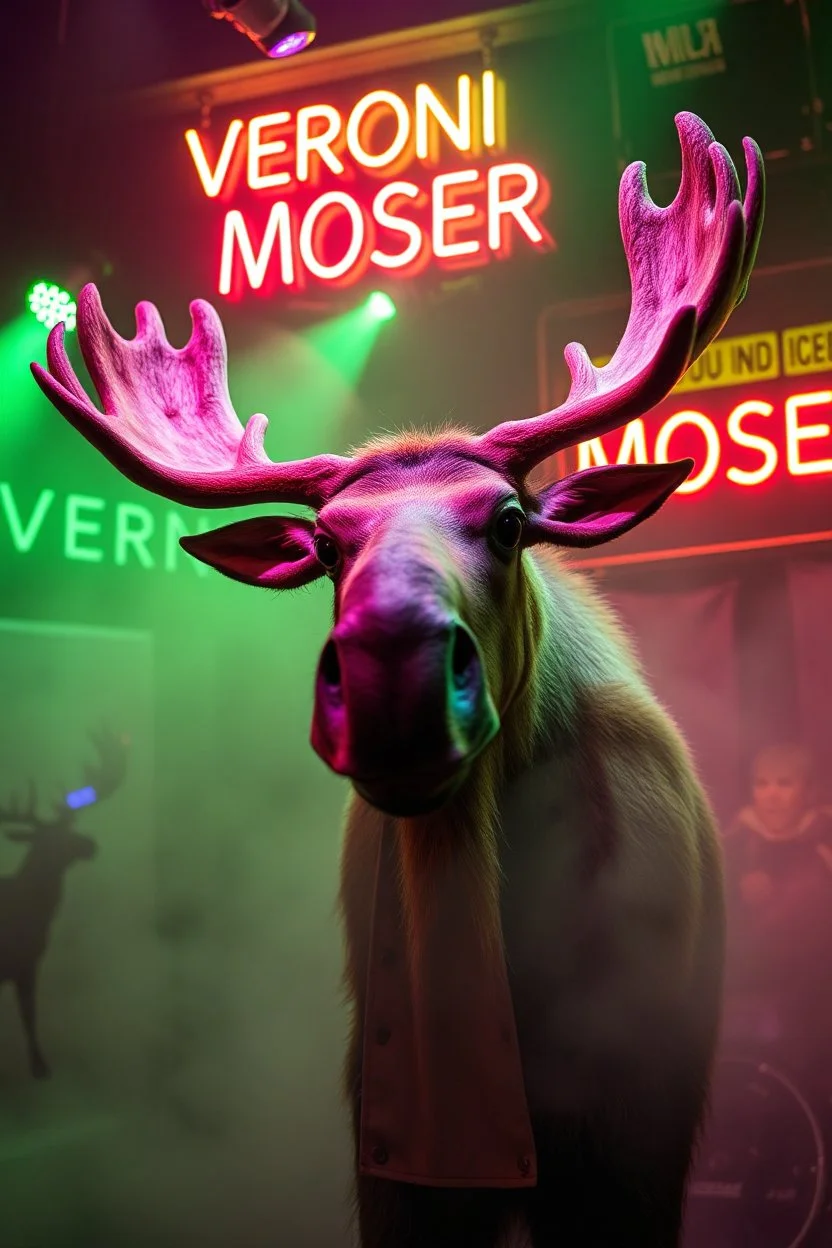 An big female moose with big eyes "Veronika Moser" performing at dance club, her name is "Moser" HAIRY FRUITS EVERYWERE On stage, Green Neon lights and smog, and "VERONIKA MOSER" big sign on the wall, "DU UND ICH UND MOSER" red plate sign, Swedish Yellow warning sign with moose