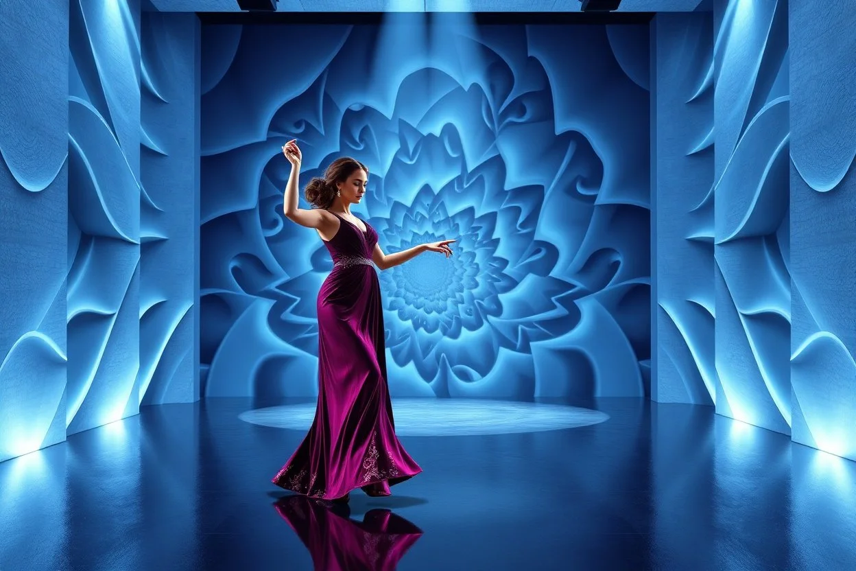 modern stage with gray-blue theme artistic decoration , color full dynamic lighting, a beautiful lady in modern maxy dark purple red dress with shining silver jwells dancing, 3D recursive fractal structure animating background