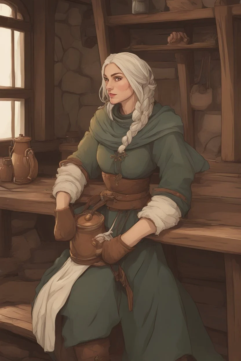 DnD style, medieval beautiful woman dressed in warm winter clothes sitting in a tavern