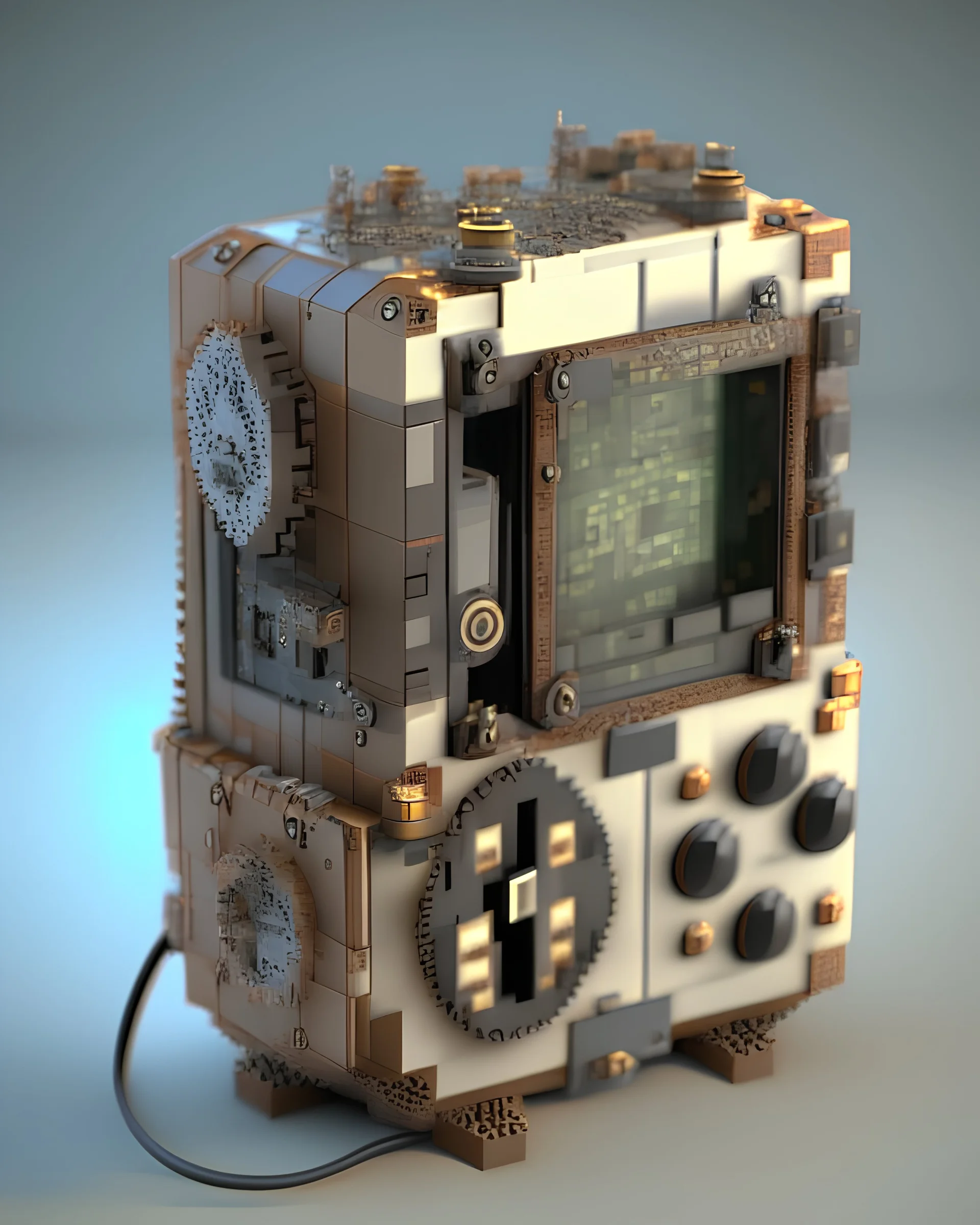 C4D render of a steampunk game boy with mechanical gears. Minecraft is on the screen. Designed by Dieter Rams.