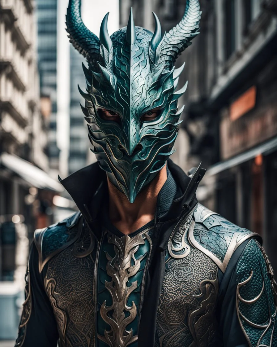 full body portrait of the dragon man with stylized mask on his eyes and forehead.conceptual art, hyper detailed, ultra quality, 12k walking in the city