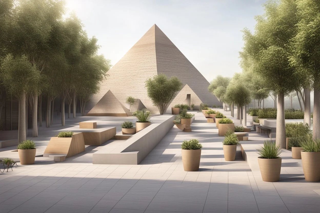 urban design tourist walkway with the pyramids , moder street seating , planters