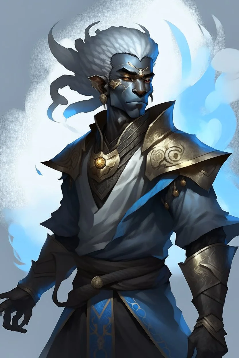 Male Air genasi fra d&d with black skin smoke some hair an Asian skin