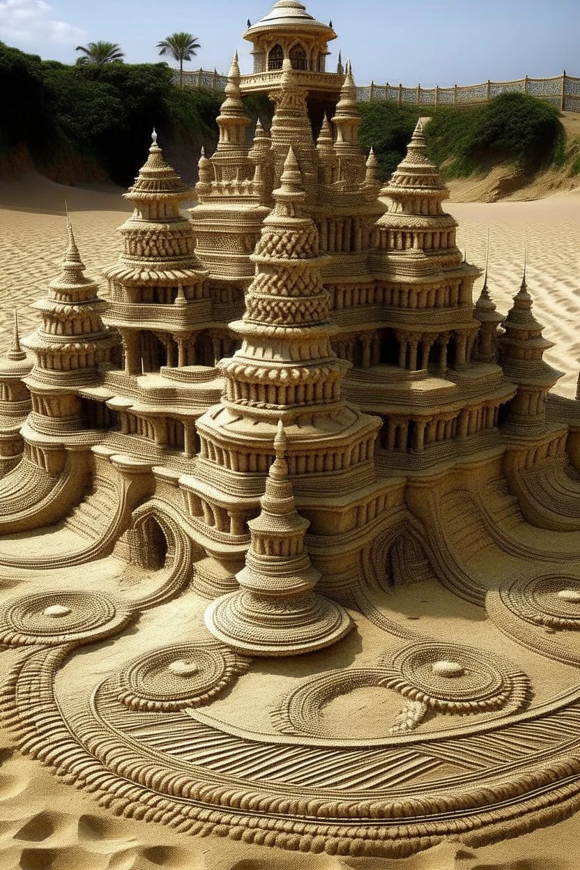 a beautiful Hindu temple model, intricate sand art in a beach, sand sculpted,