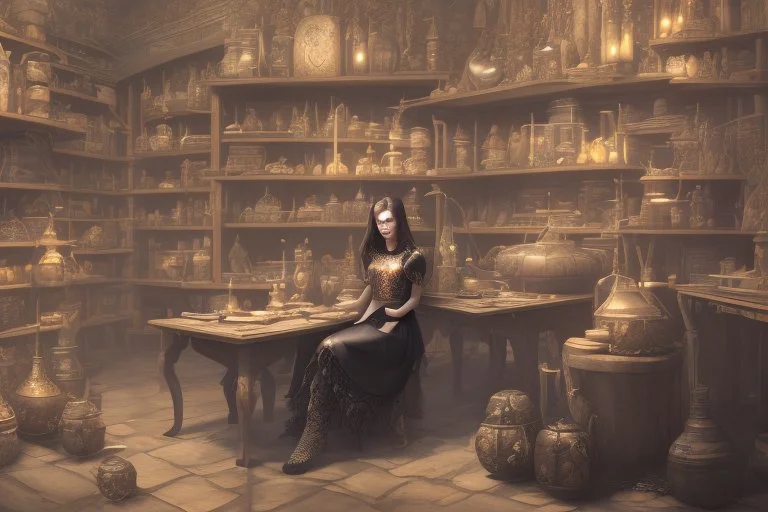 full-height shot of a young witch in a tight black skirt, inside a large magic shop, sitting at a desk, shelving, bottles, windows