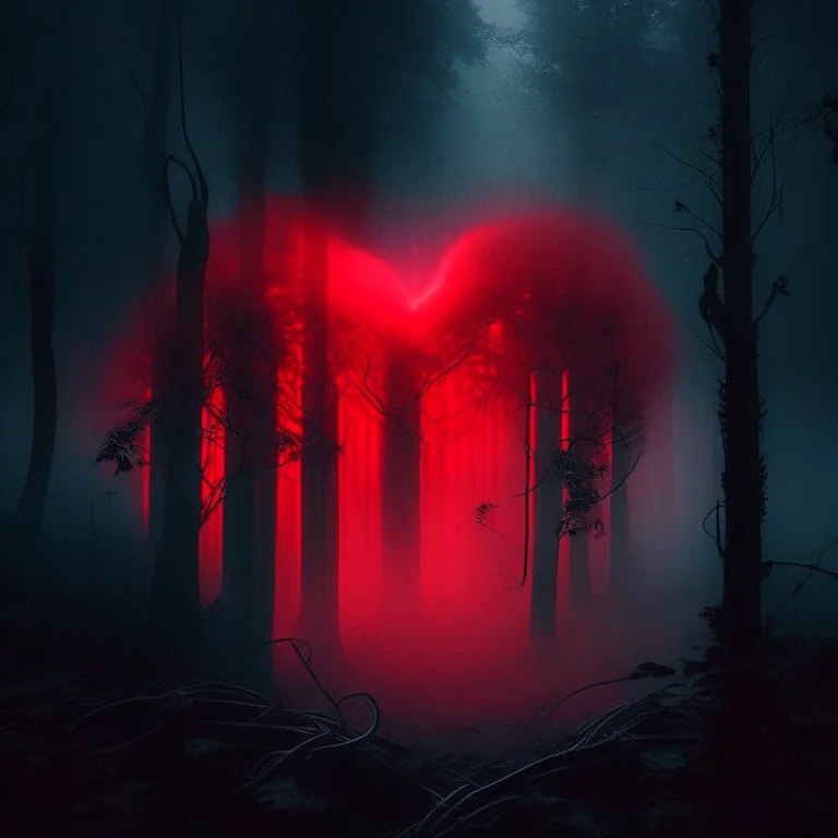 red fog in the forest at night with an electric heart