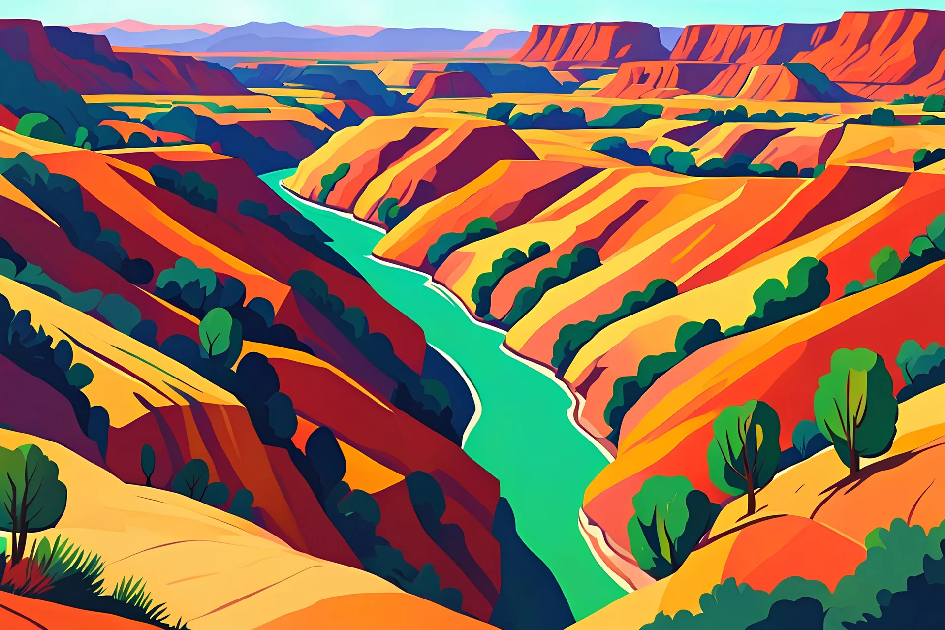create a panoramic landscape of a southwestern river canyon in the fauvist art style of Andre Derain, highly detailed, 4k,