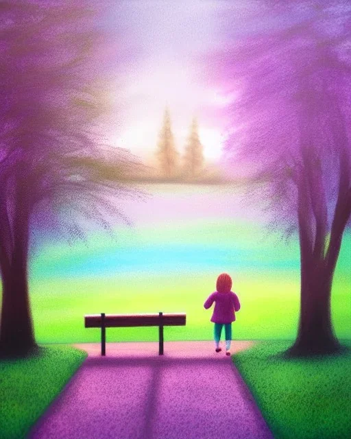 park mystical dream, park bench, man, woman, child, dog, trees, path, bird, sunshine, mystical, fantasy, romanticism, pastel colors, daylight, daytime, acrylic painting, detailed, soft focus,