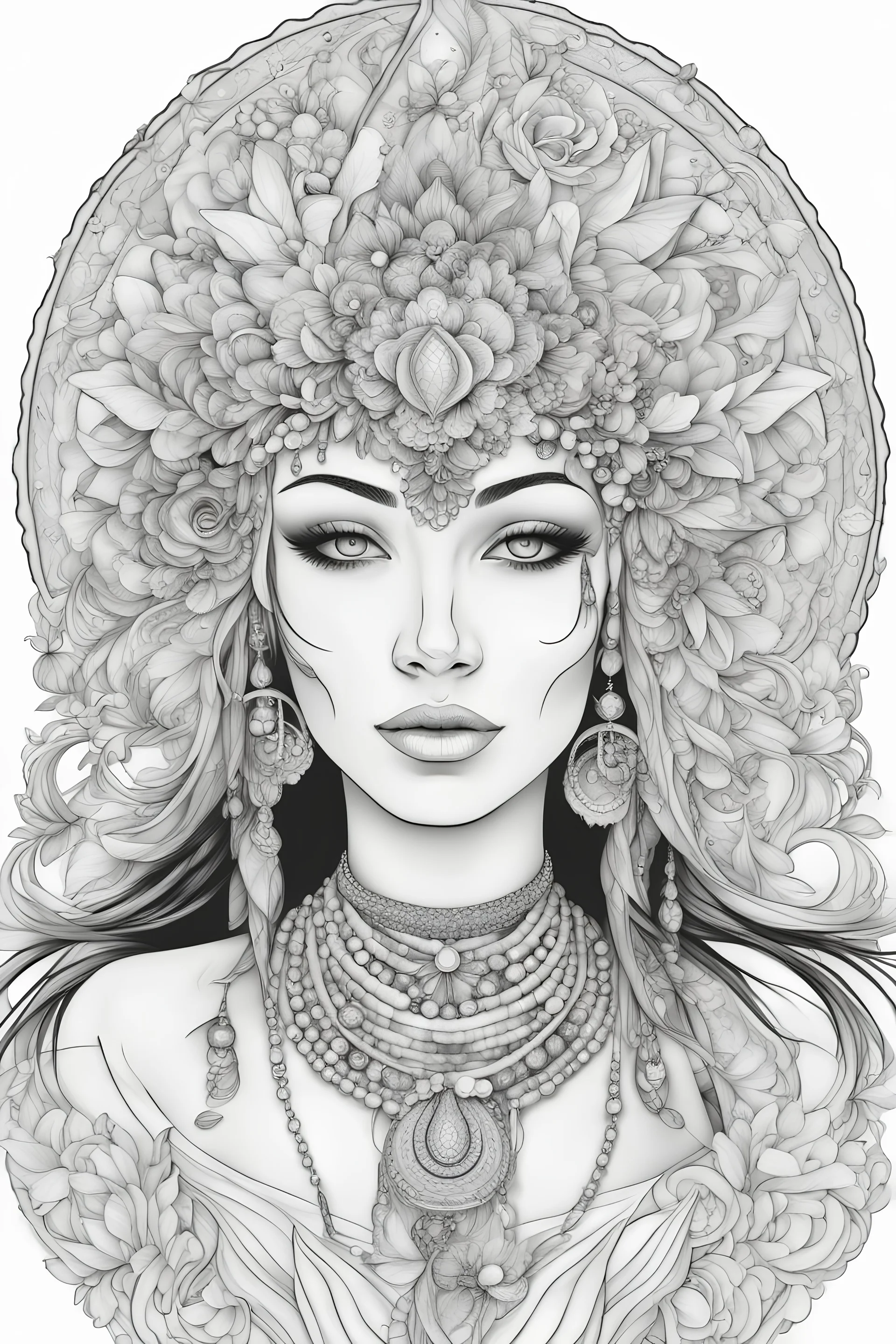 outline art for intricate head dresses coloring pages , black and white, white background, sketch style, full body, only use outline, Mandala style, clean line art, white background, no shading and clear and well