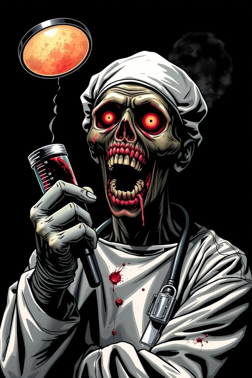 Science experiment Horror zombie surgeon by Richard Corben, Todd Schorr, T-Shirt Design, Black Background