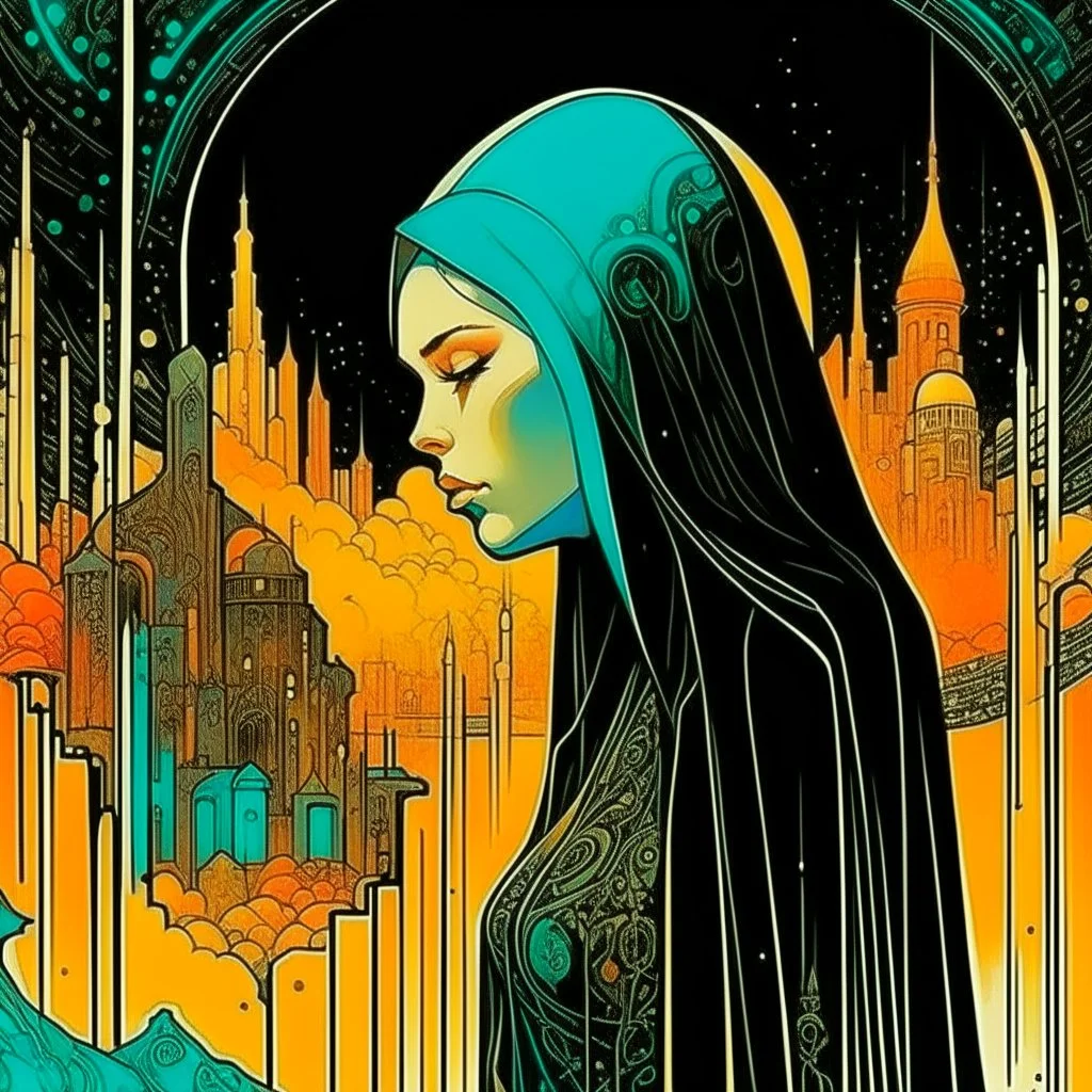 create a highly ethereal, darkly magical surrealist illustration of a vestal virgin, with highly detailed and deeply cut facial features, in a chaotic, turbulent, otherworldly landscape, in the style of SALVADOR DALI, GUSTAV KLIMT, and KATHE KOLLWITZ combined with the comic art style of BILL SIENKIEWICZ and JEAN GIRAUD MOEBIUS, searing lines and forceful strokes, precisely drawn, inked, and darkly colored