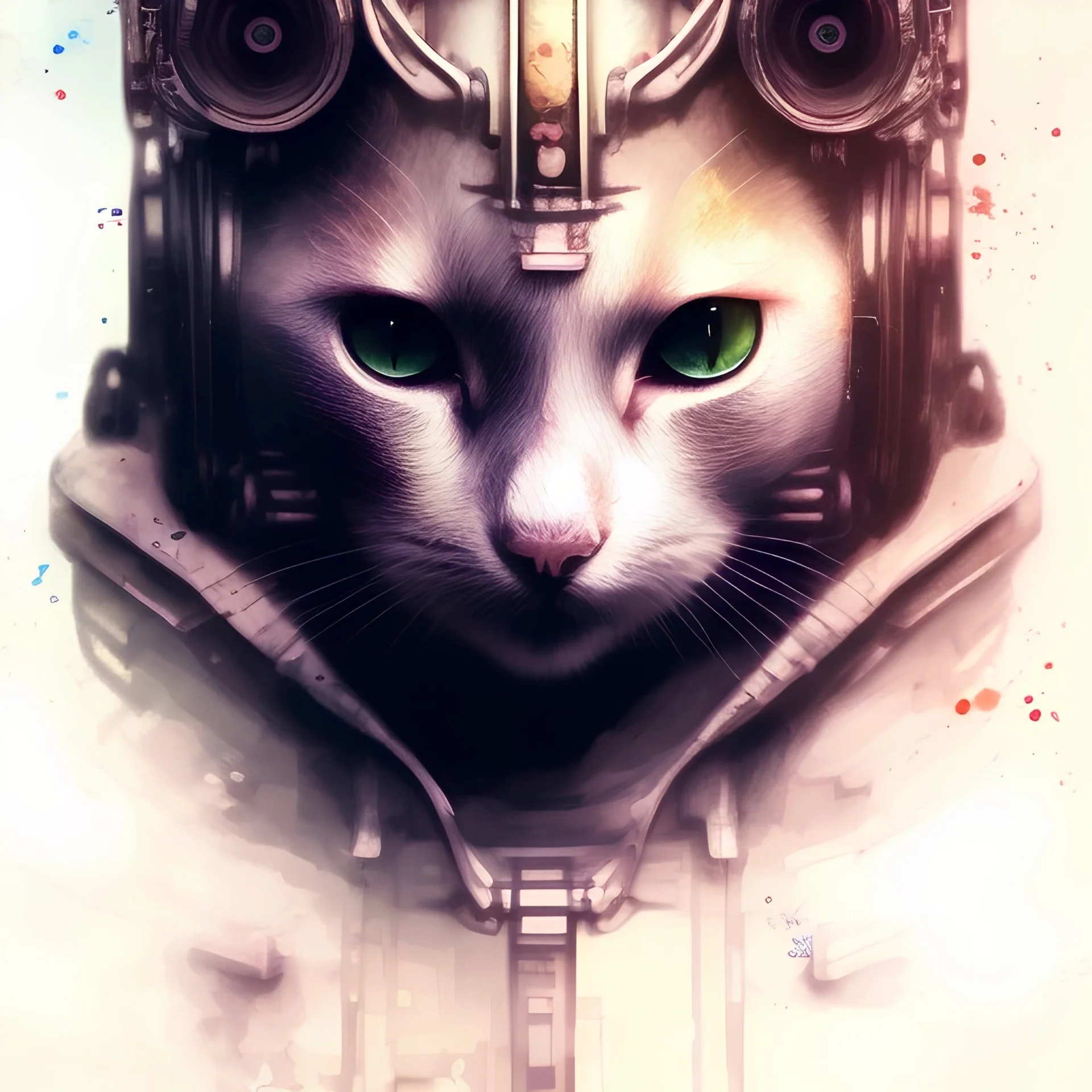 cat, watercolor illustration, steam punk, futuristic, spaceship,<agnes cecile> <Yoji Shinkawa>