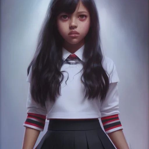 Jenna ortega with black school uniform, seifuku, pleated miniskirt, overknee socks, painted by artgerm and tom bagshaw, fantasy art, dramatic lighting, highly detailed oil painting, volumetric lighting