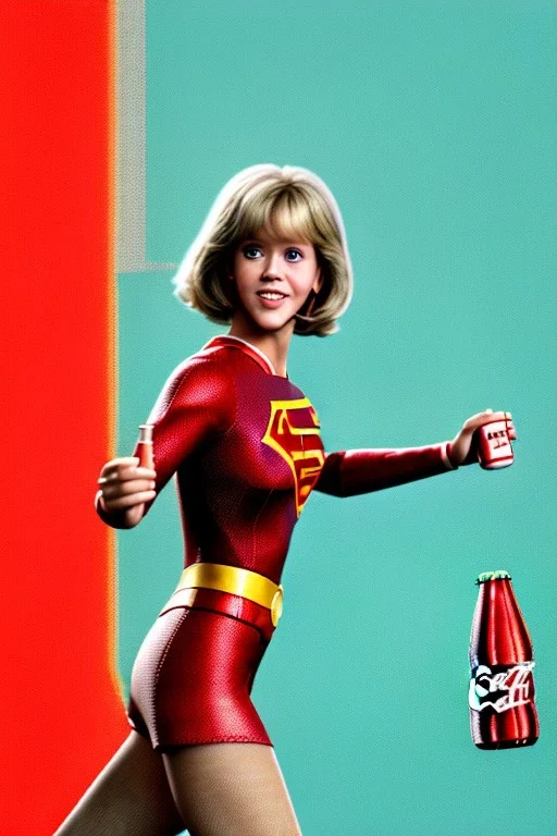 portrait, teenager, Jane Fonda, make-up, happy, coca-cola drinking, Realistic image, retro, 60s, supergirl, tights minimal dress, sweat, Color background, photo studio, concept art, smooth, unreal engine 5, god lights, ray tracing, RTX, lumen lighting, ultra detail, volumetric lighting, 3d, finely drawn, high definition, 4k.