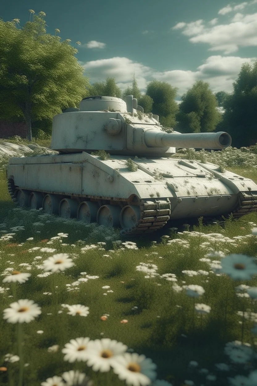 "A very old paints cracked dirty abandoned tank as junk in a white flowers field ,insanely detailed octane render trending on artstation, 8k artistic photography, photorealistic concept art, soft natural volumetric cinematic perfect light, chiaroscuro, award-winning photograph, masterpiece, oil on canvas, Raphael, Caravaggio, Greg Rutkowski, people, beksinski, Giger