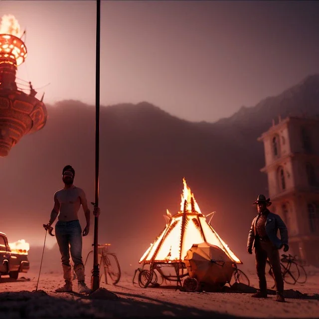 Ultra realistic burning man night scene. Strong man, smoke torch , waist up view, Wes Anderson style, happy, highly detailed, concept art, unreal engine 5, god rays, ray tracing, RTX, lumen lighting, ultra detail, volumetric lighting, 3d, finely drawn, high definition, high resolution.