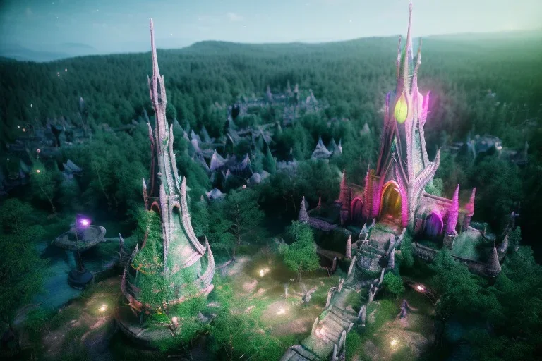 Immersive​ Magical fantasy elven town city tower forest rivendell tree flower pink green yellow beautiful nature river 4k full hd