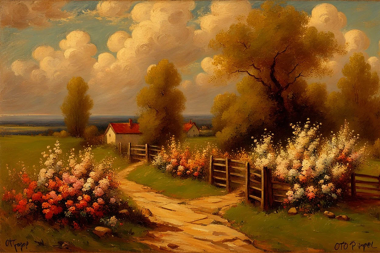 Clouds, spring trees, little pathway, fence, flowers, otto pippel impressionisn painting