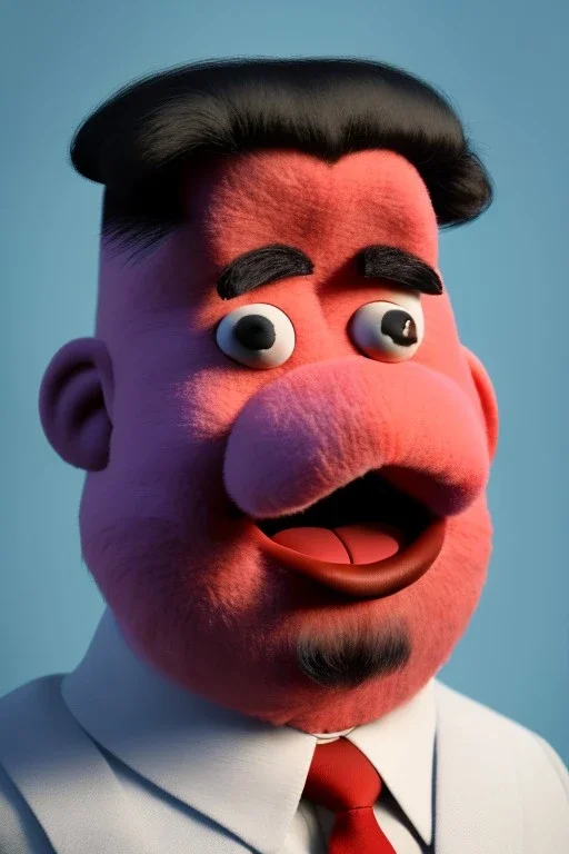 Waist up muppet Portrait, Kim Jong-un as muppet doll, black suit, photo studio, red background, unreal engine 5, concept art, art station, god lights, ray tracing, RTX, lumen lighting, ultra detail, volumetric lighting, 3d.