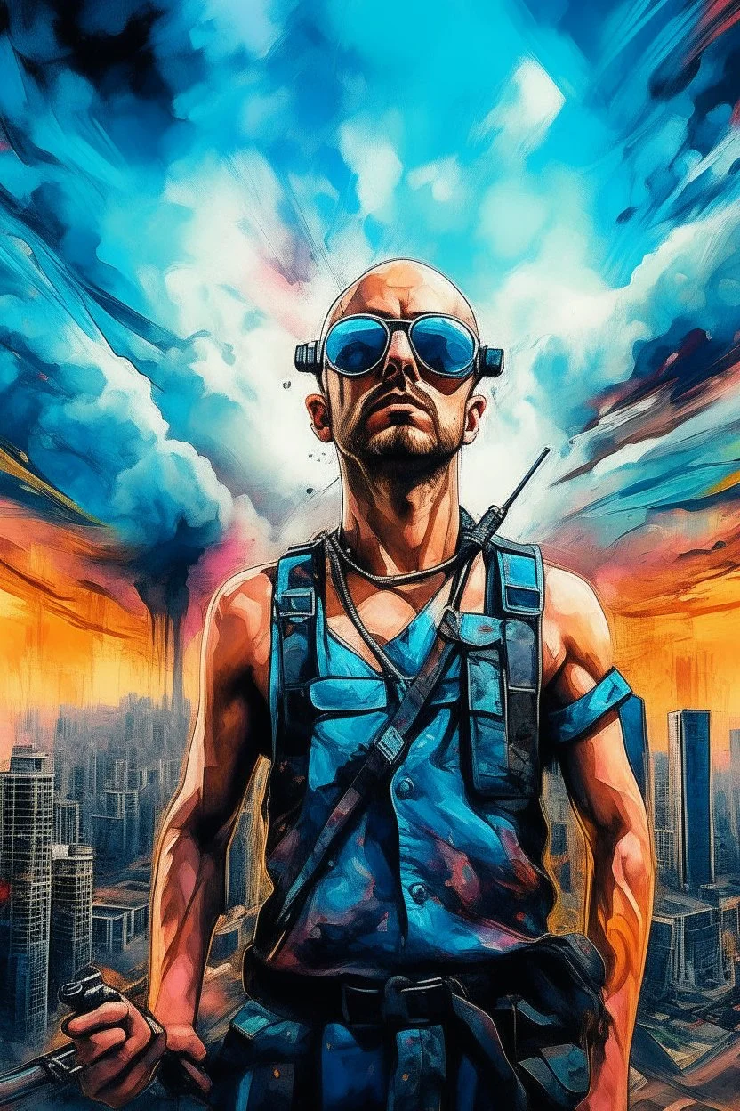 A surreal picture of a man wearing sun glasses looking at the camera with crystal visible chest in side it merge a big city buildings. Busch painting style , mystery, anger oil rough brush with thick colors, wearing nucleus with big cross on his chest , blue colors picture with colorful clouds and hanging a gun strap on his chest, a drone in the sky from a distance
