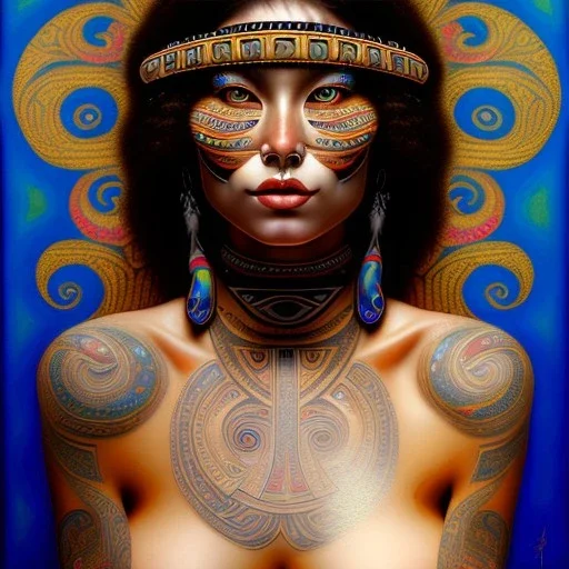 dibujo al oleo de cuerpo entero de mujer tribal Maorí bella con tatuajes estilo Gustav Klimt