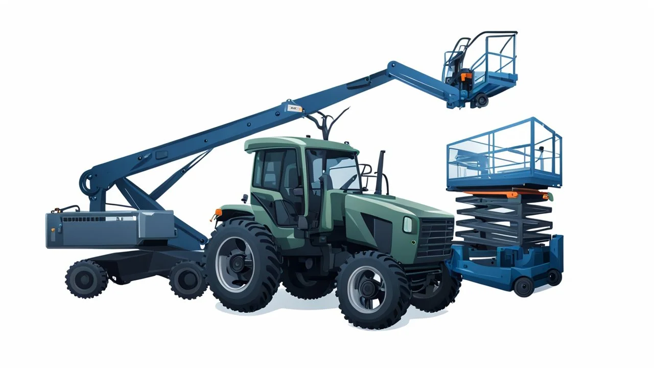 a generic Boom-lift, tractor and scissor-lift on a white background. Smooth vector
