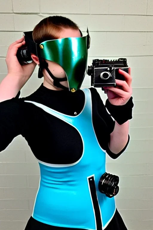 MetCyber-punk style camera-mask. Large fencing mask covers cheeks. Trim girls. Reflective plastic body surface. Camera lenses as eyes. Head full of integrated old-fashioned cameras. Golden to cyan surfaces body. Perfect body, thick thighs and calves. Selfies, old-fashioned cameras, both hands. Wide hip, skirt bleats nicely. Partly symmetrical. Three Cameras hanging on plastic belt. Euclidean 3D-tiling, Escher. Mathematically impossible. Soviet Propaganda style.