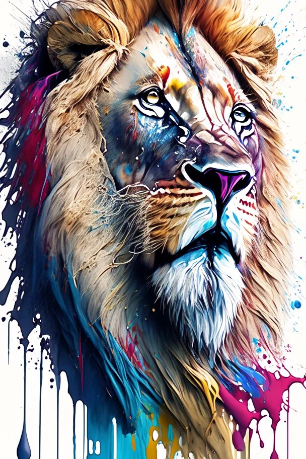 "lion", clean design, art station, splash of colorful paint, contour, ((solid white background)), looking into camera, hyperdetailed intricately detailed, unreal engine, fantastical, cinema lighting, intricate detail, splash screen, complementary colors, fantasy concept art, 8k resolution, DeviantArt masterpiece, watercolor, paint dripping