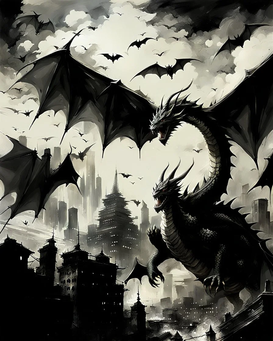 sketch-style painting high quality of a dragon art by Yoji Shinkawa and Valeria Burzo large bats in the background destroyed city budlings babies' in heaven