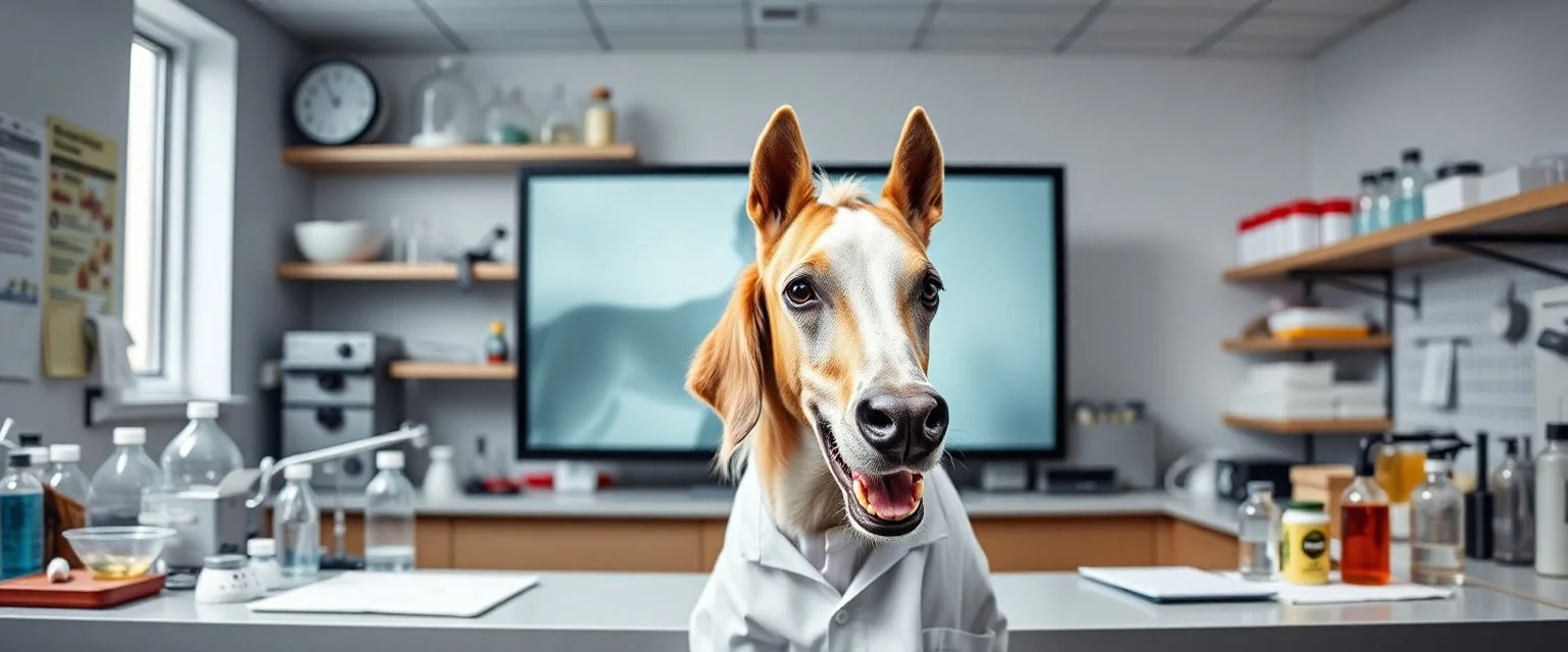 we absolutely should mix horses and dogs scientist lab, mad scientist portrait, sample of horse dog on a screen