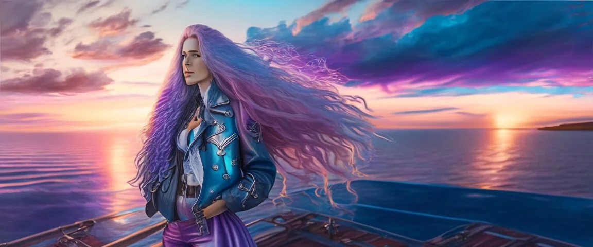 half body shot,realistic portrait of a 20-25 old caucasian model, long blue pink flowing hair, great grey eyes, blue leather jacket,full body, short white skirt,long legs,standing on deck of very big ship, beach of very nice lake with sunset ,clouds,godrayes