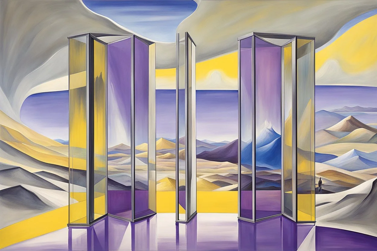 a surreal open glass gate in a glass wall with a view of a desolate landscape, storm, strong contrasts, by artist "Leonora Carrington",by artist "Zaha Hadid",These colors are bold, vibrant, and intense, including shades of colors such as purple, blue, and yellow.