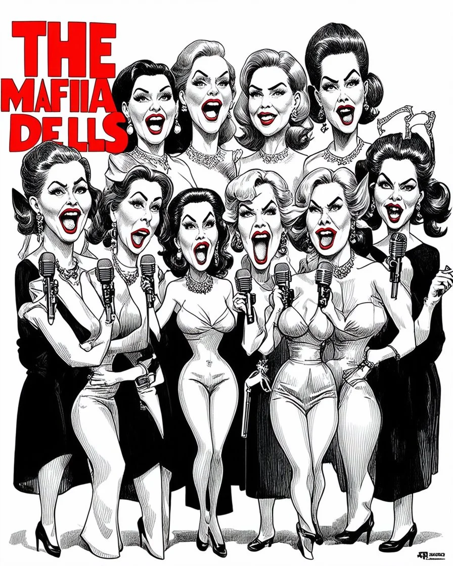 Poster of a hand-drawn caricature of a group of very ugly adult women, posing in a mafia style, and speaking with microphones in the shape of guns. The facial features of each woman are extremely exaggerated, some are big-eared, big-nosed, with a firm mouth, which makes them look silly, evil and stupid. Superimposed there is the following phrase: "LAS MUÑECAS DE LA MAFIA"