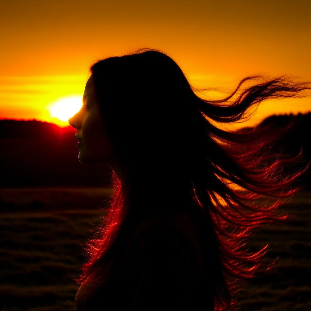 Silhouette of the head of a young lady with long flowing hair in a slight breeze. At sunset in Czech nature.