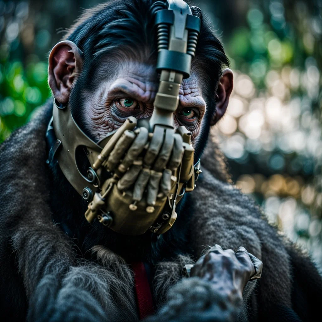 Cyborg, Ape, Primate, hominid, breathing device, gas mask, respirator Christopher Nolan, Dystopian, Extreme depth of field, bokeh blur, Alberta, all-natural, in the style of candid, Fuji Film, Anamorphic lens