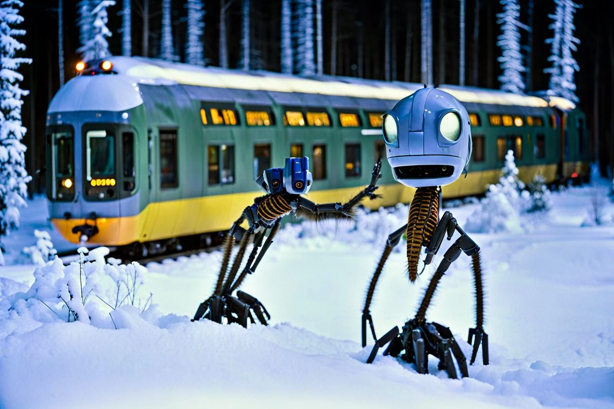 Subject(centipede robot waving a ticket), Style(futurism, cyberpunk), Location(A forest with a futuristic train station, Forest, Alberta, night, Feb, 1994), Frame(wide shot of passenger facesinterior train), Cam( Nikon, R3, anirmorphic lens, extreme bokeh blur, analog film grain,fuji film, color fading, film scratches, mold, vinegar syndrome, dirt, dust, emulsion damage, water damage, film tears, Cinemascope mumps, gate hair)