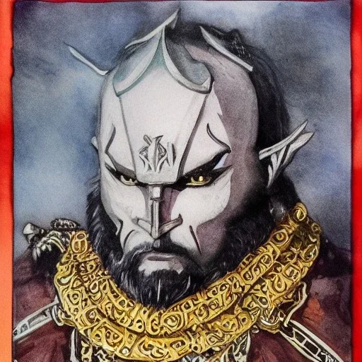 dungeons and dragons, fantasy, dwarf, dark priest, full plate armour, ironclad, dark silvery metal, dark red glow, watercolour, large strokes, distinct face, portrait, head