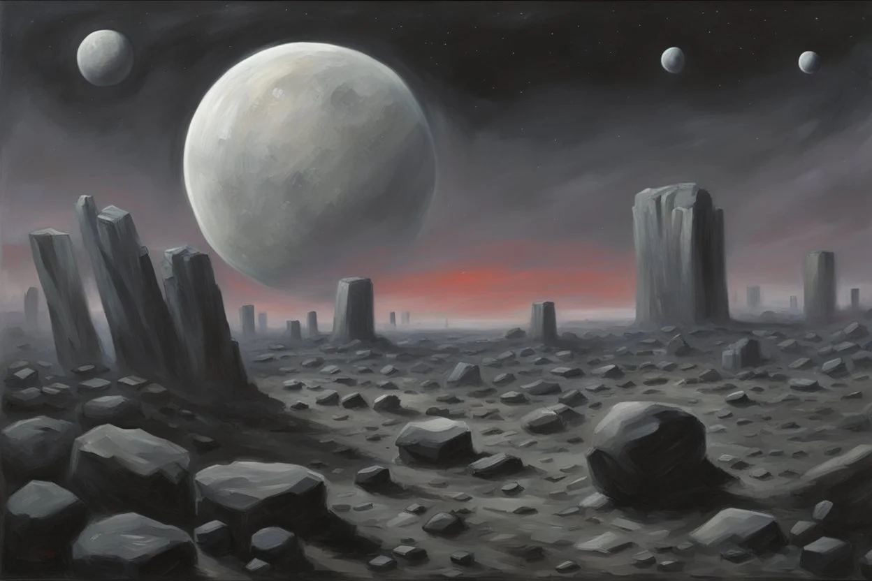 Grey sky with one exoplanet in the horizon, rocks, sci-fi, 2000's sci-fi movies influence, rodolphe wytsman and friedrich eckenfelder impressionism paintings