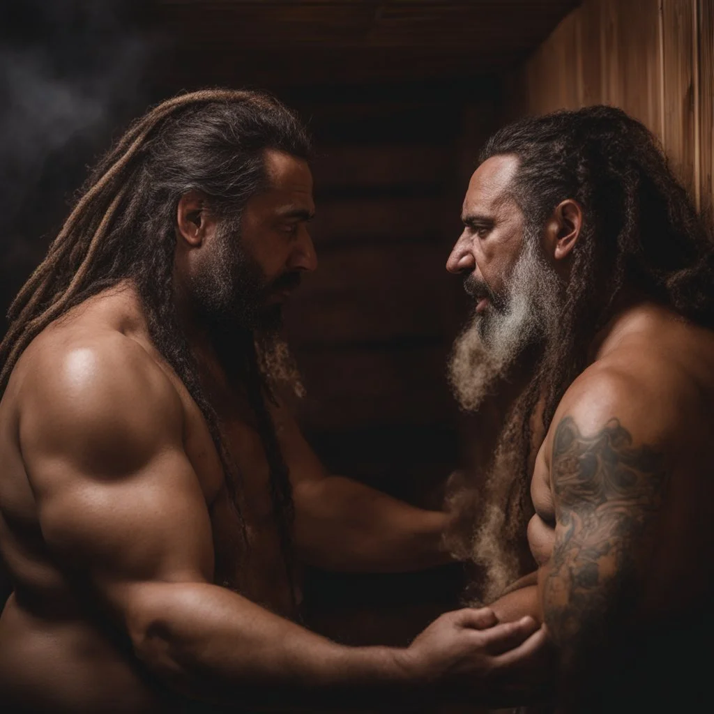 half figure shot photography of two angry gipsy 41 years old burly chubby ugly men embracing tightly, dreadlocks, shirtless, in a sauna full of steam