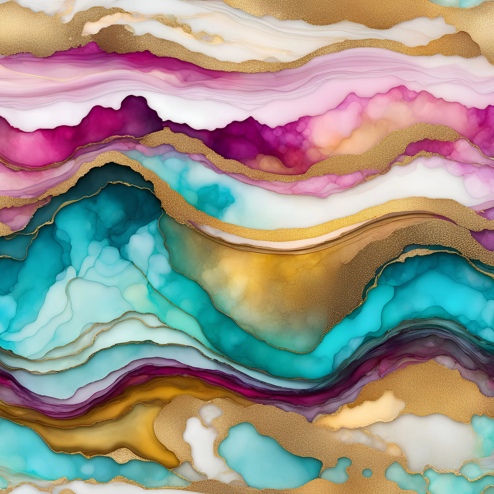 Alcohol ink art tile pattern. Vibrant, fantasy, delicate, ethereal. Sea. Shades of yellow, magenta, aqua,, white. waves on shore. Background gold ink drip.