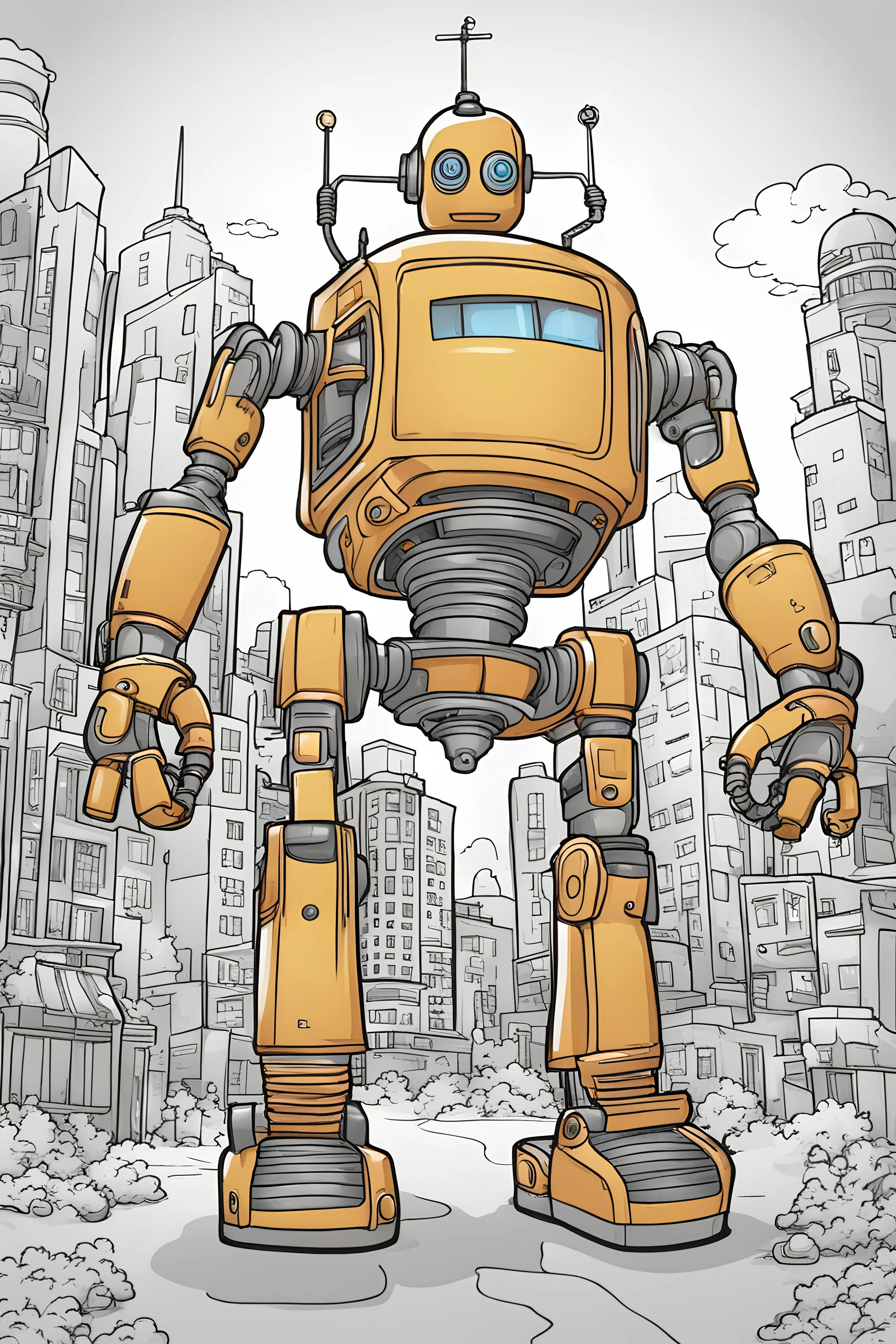 cartoon, coloring book, robot, city